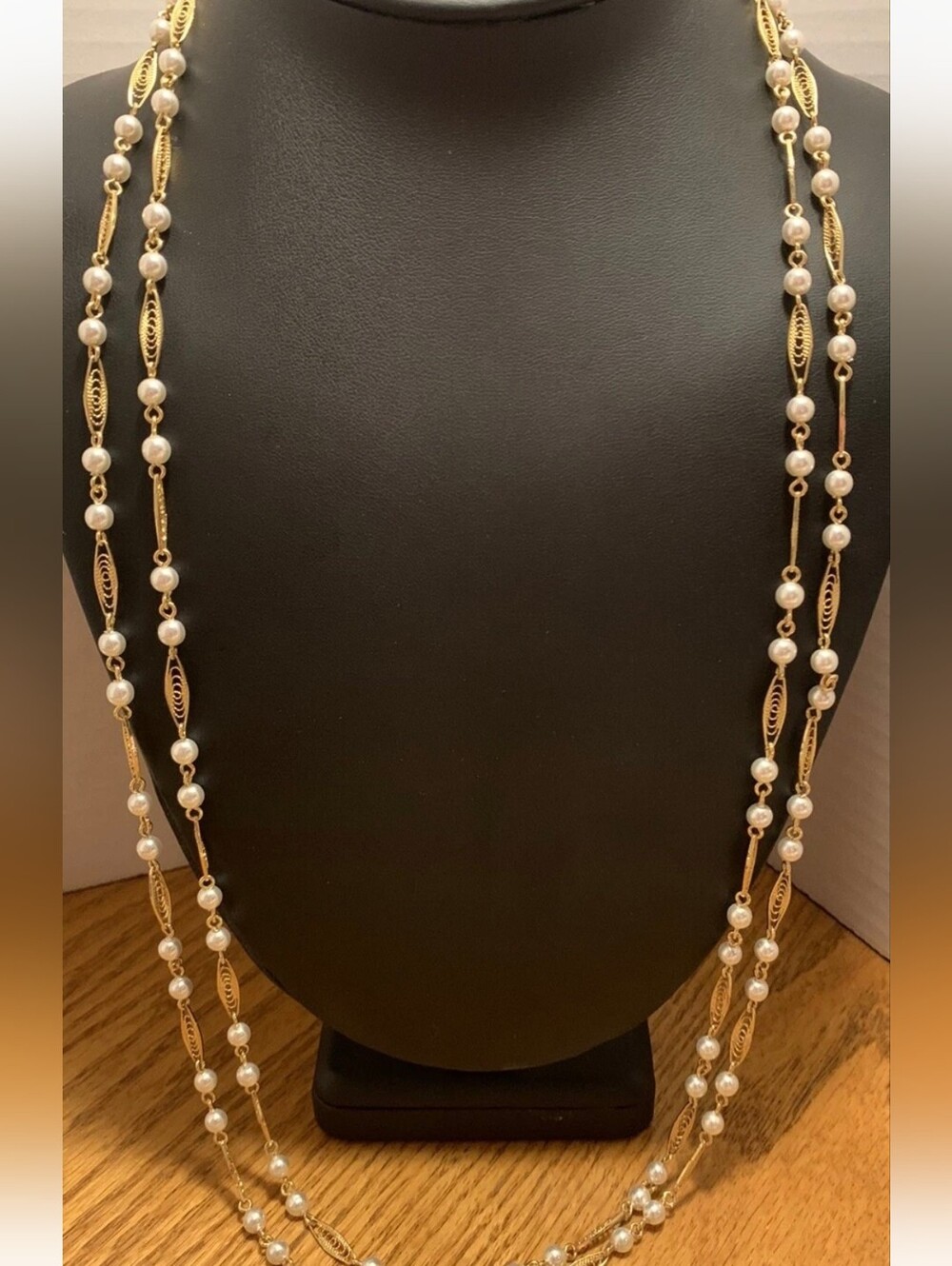 Vintage Signed Trifari Gold Tone Filigree & Faux Pearl Double Strand Necklace